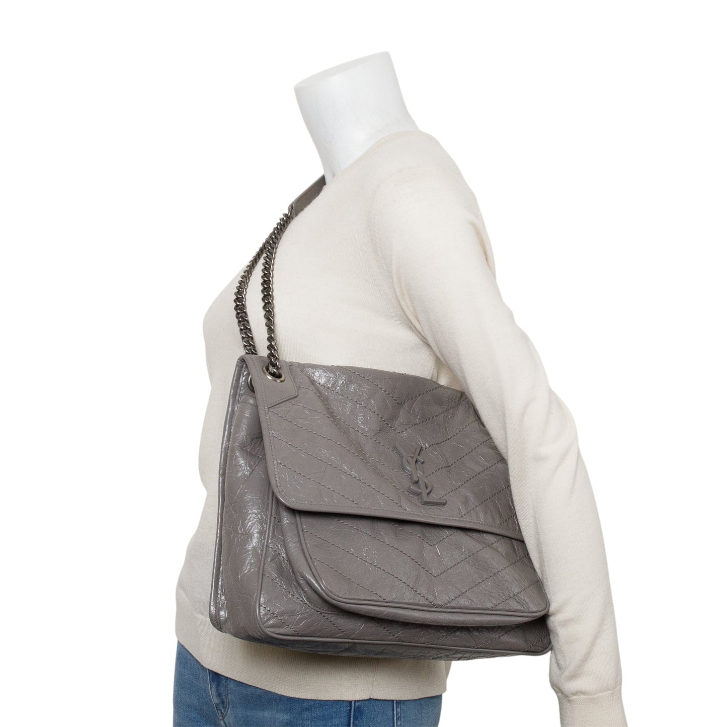 YSL Saint Laurent Grey Crinkled Calfskin Niki Shoulder Bag Leather Large
