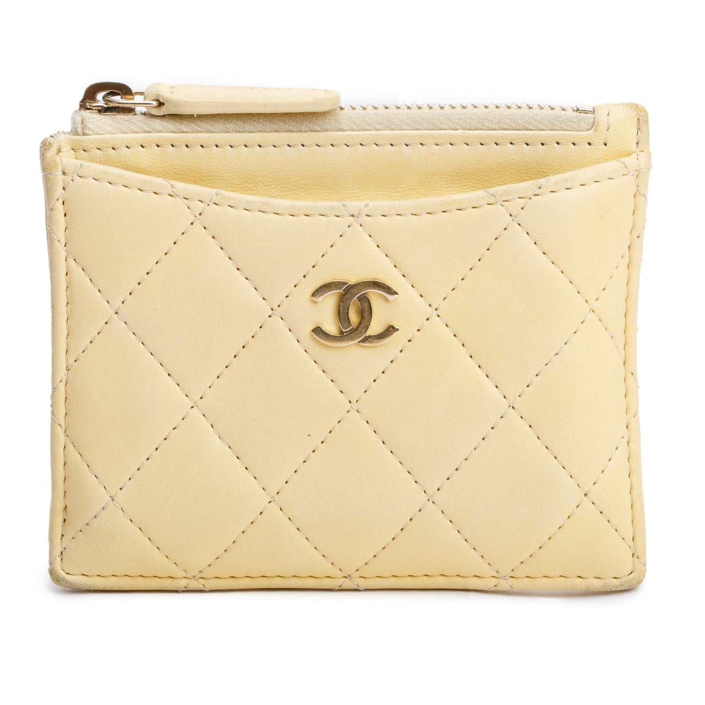 Chanel Quilted CC Zipped Card Holder Leather Lambskin Yellow Wallet Case