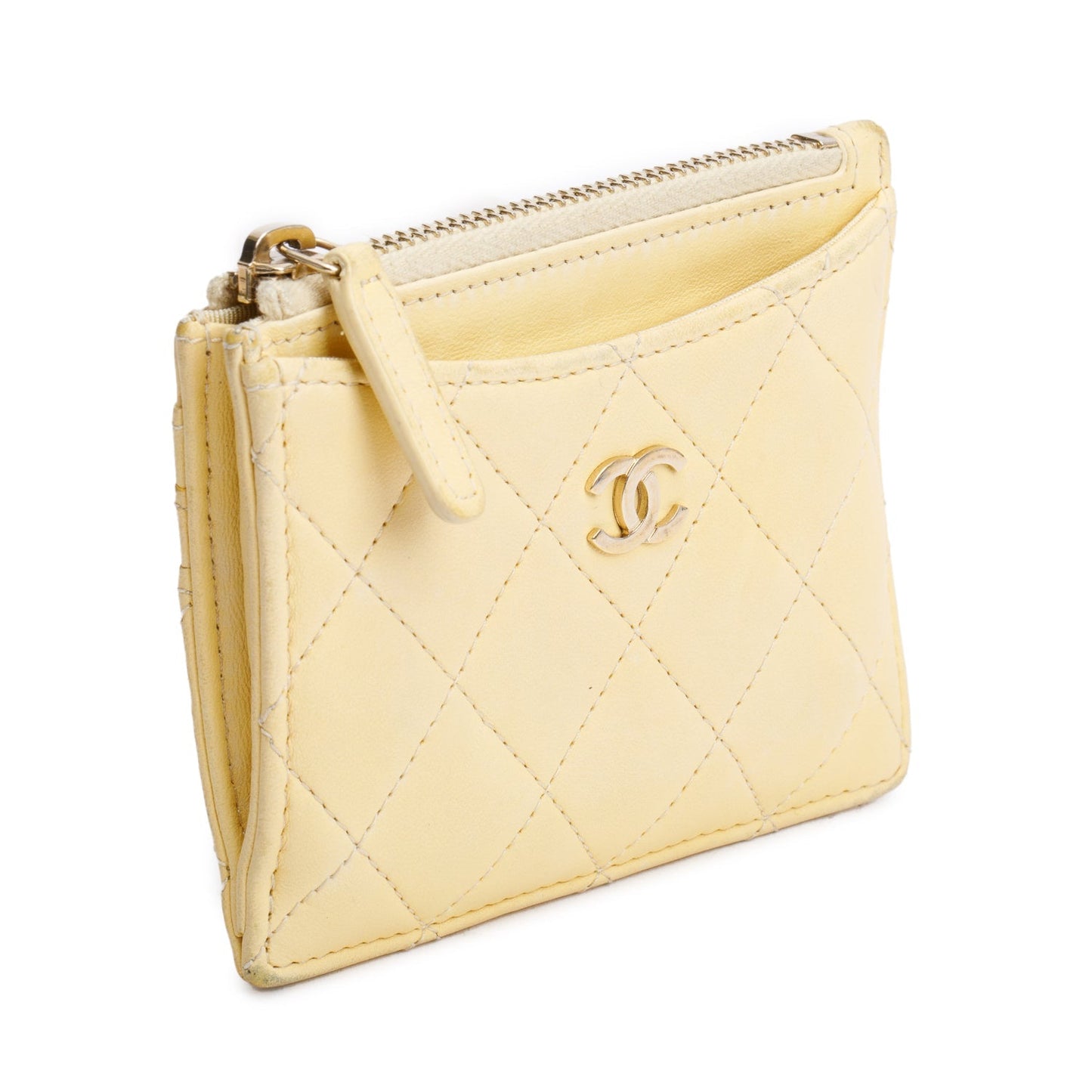 Chanel Quilted CC Zipped Card Holder Leather Lambskin Yellow Wallet Case