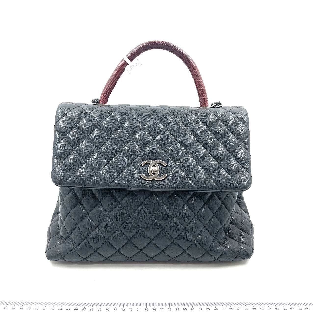 Chanel Coco Handle Maxi Caviar Burgundy Lizard Black Silver Leather Handbag