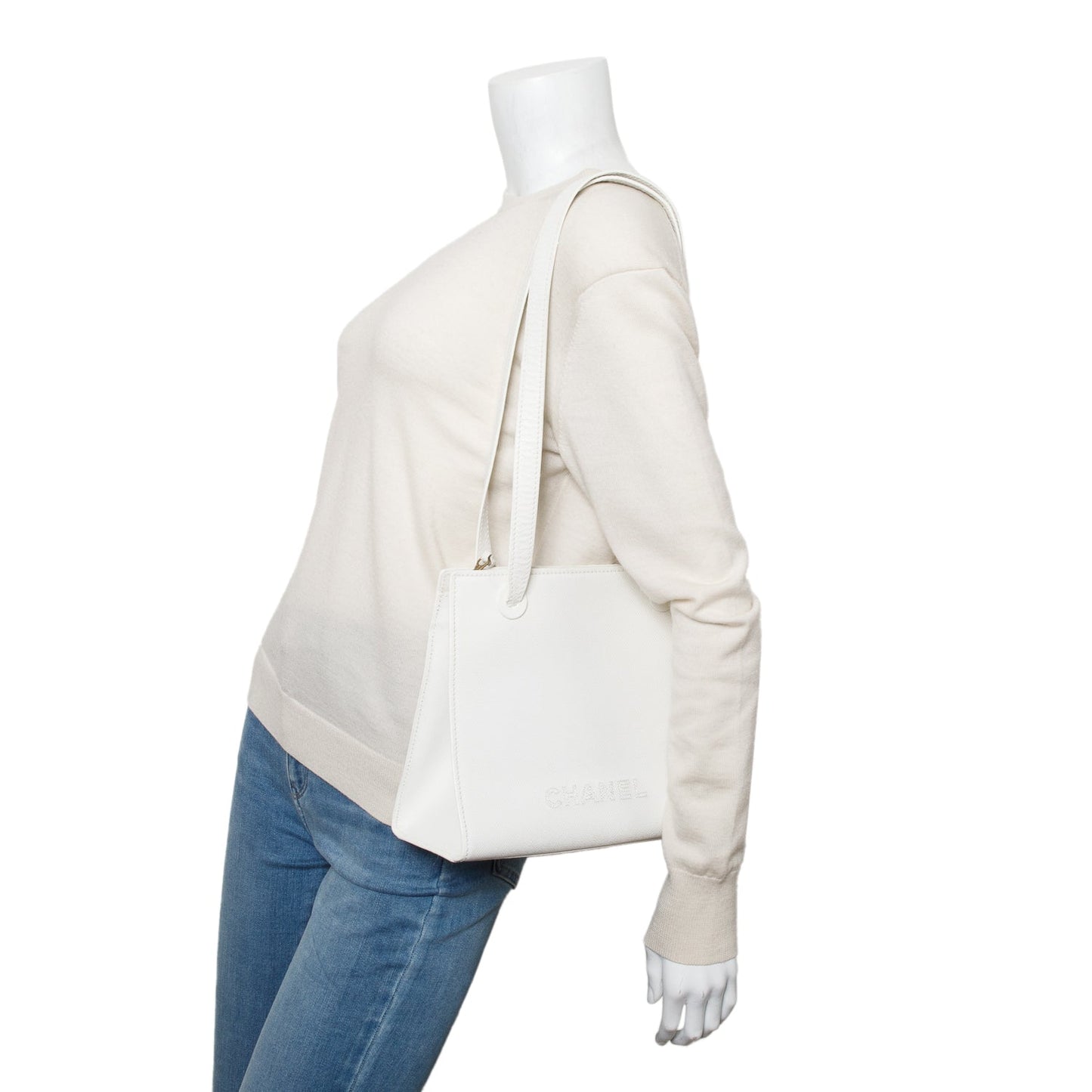 Chanel Caviar Logo Leather White Travel Bag