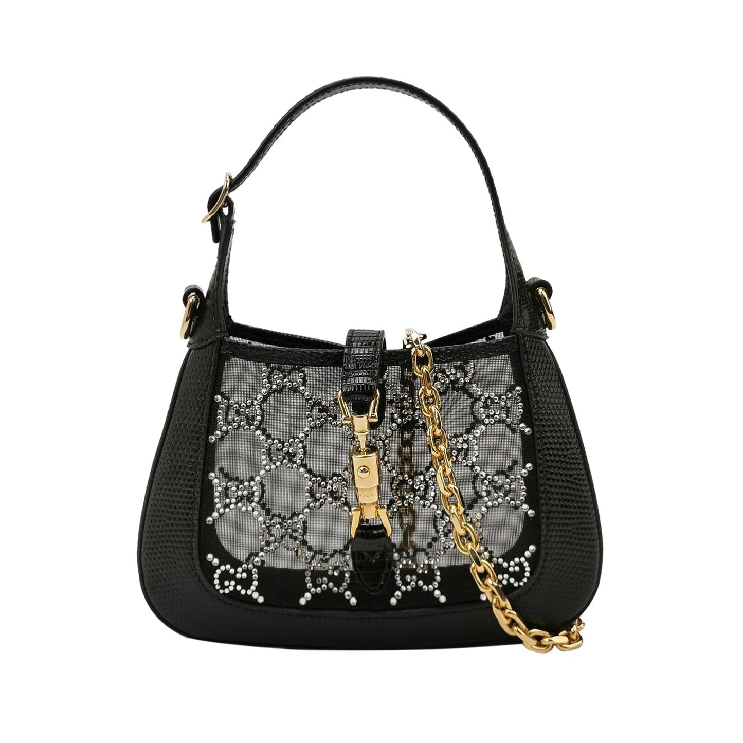 Gucci Jackie Lizard Skin Mesh Crystals Black Mini Chain Travel Bag
