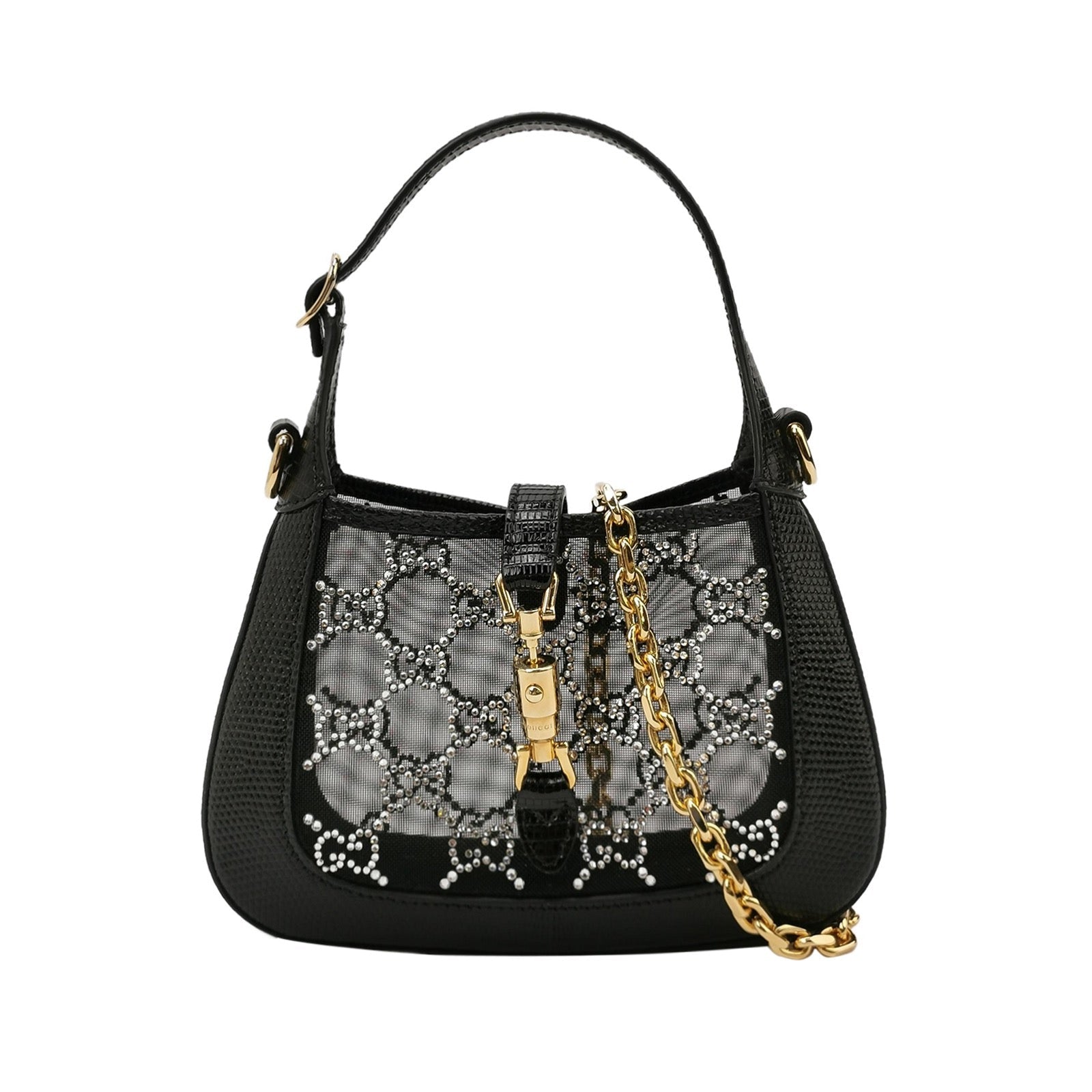 Gucci Jackie Lizard Skin Mesh Crystals Black Mini Chain Travel Bag