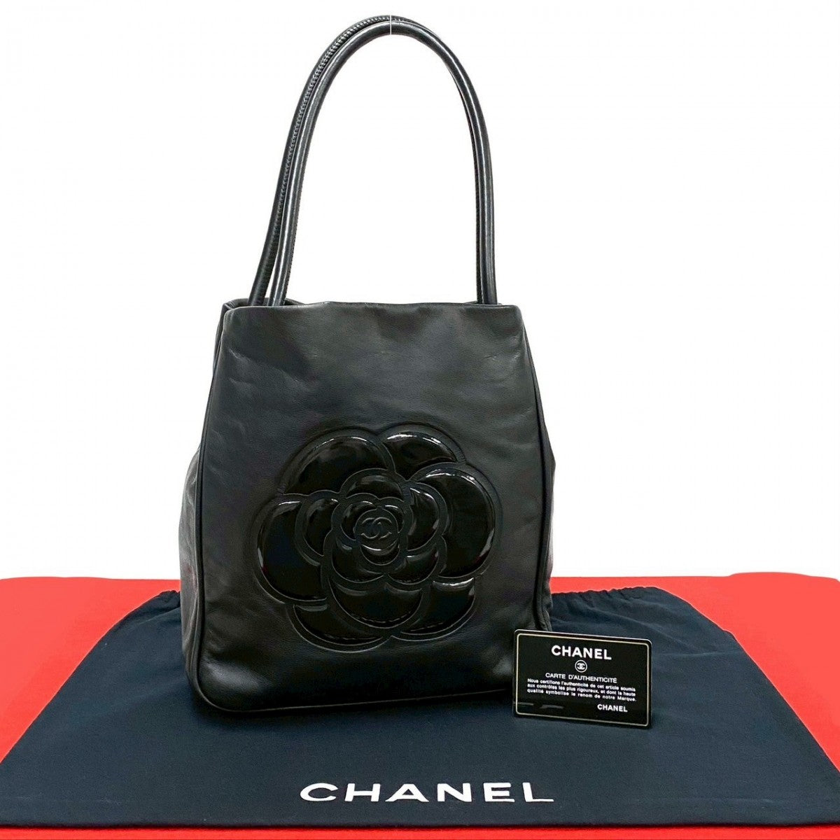 Chanel logo Camelia Black Leather Tote Bag