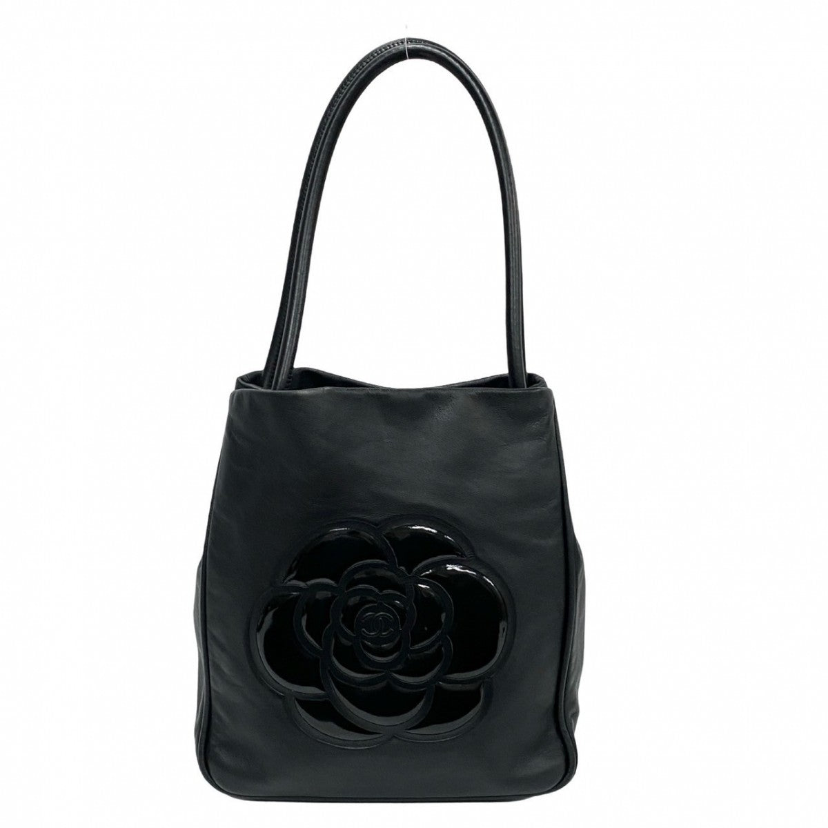 Chanel logo Camelia Black Leather Tote Bag