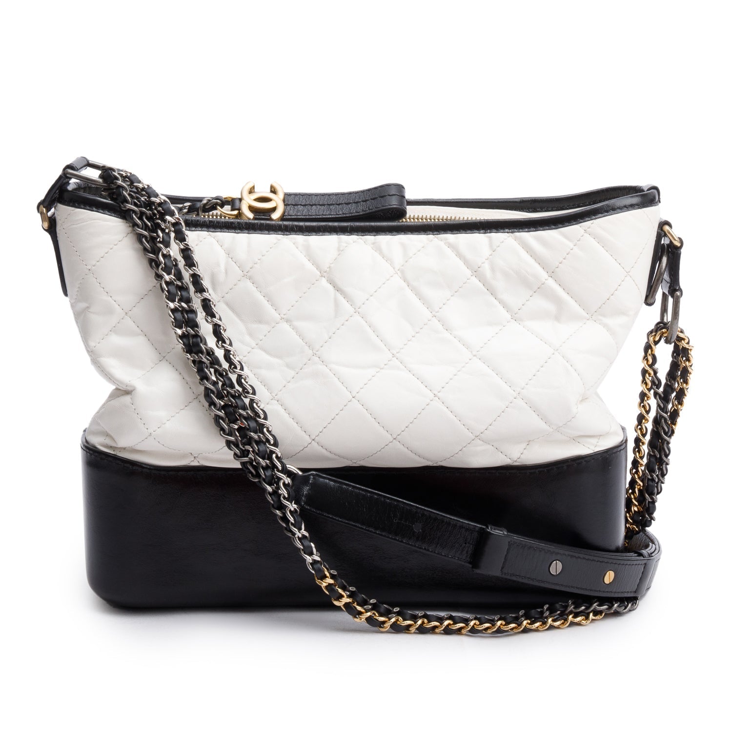 Chanel & Aged Gabrielle Hobo Leather Calfskin Black White Travel Bag Authenticity Card