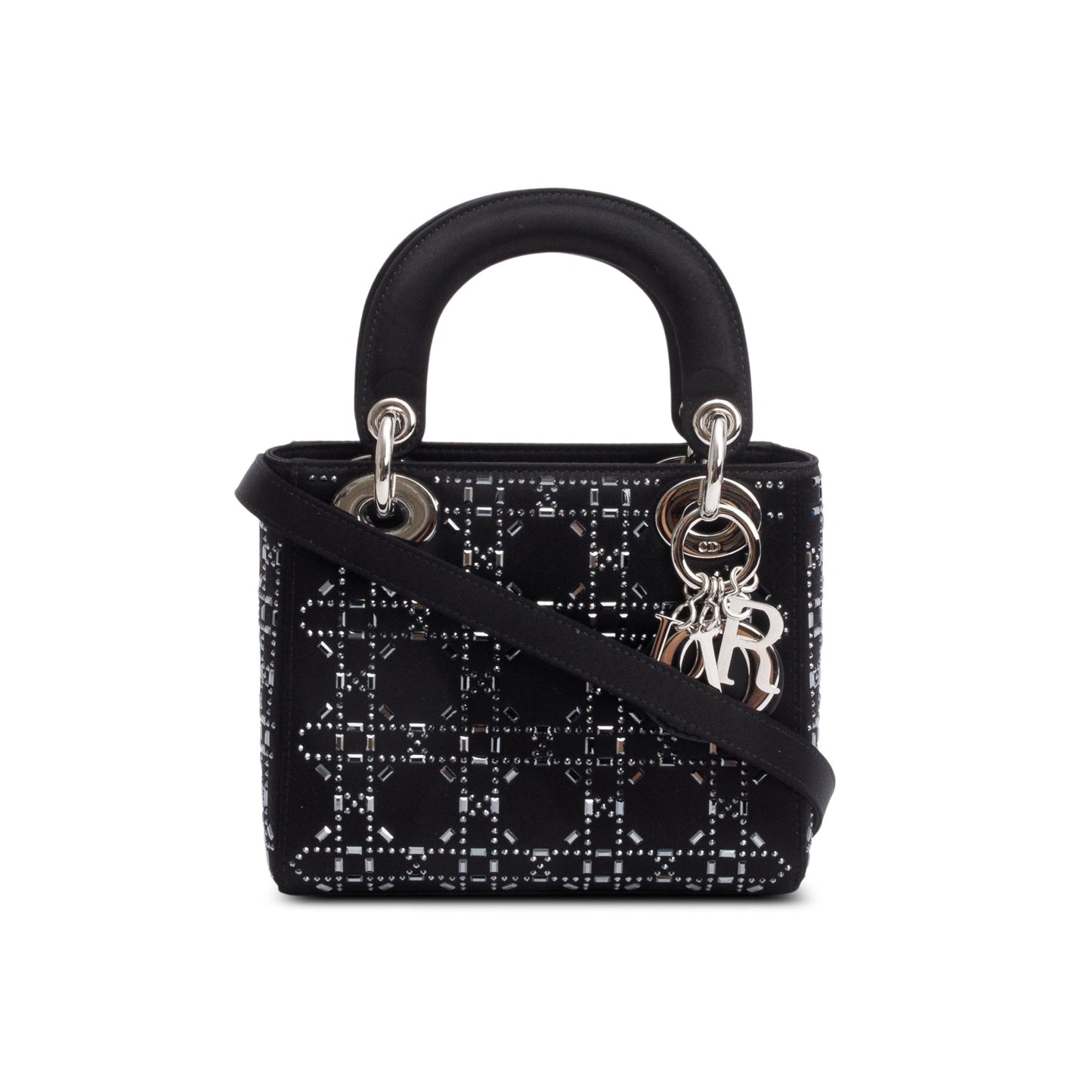 Dior Christian Strass Cannage Lady Bag Satin Black Travel Bag