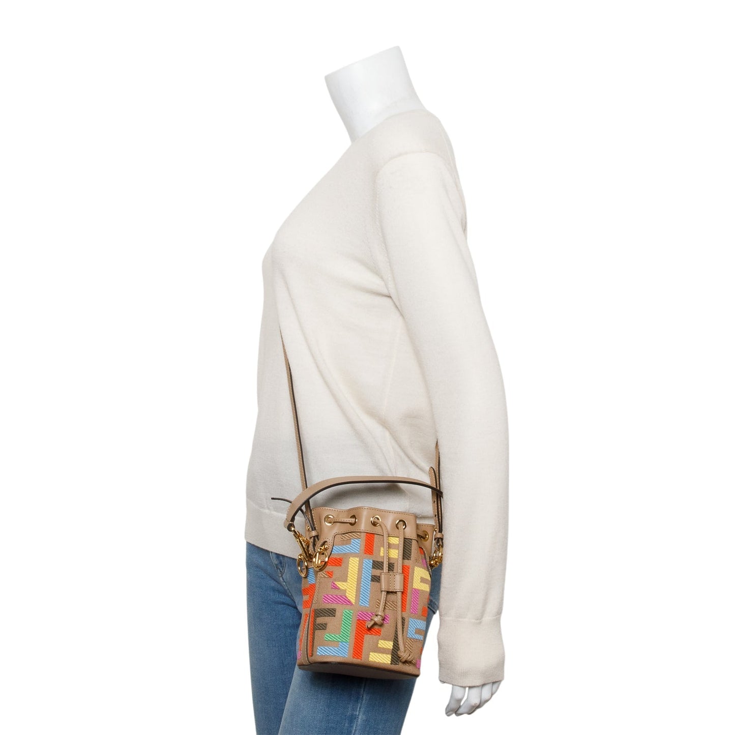 Fendi Multicolor Ff Embroidered Is Mini Mon Tresor Canvas Beige Bucket Bag