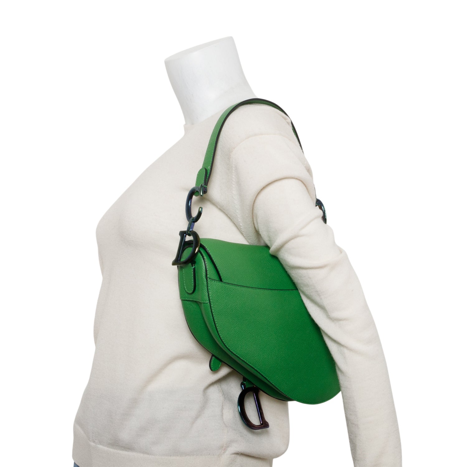 Dior Christian Grained Calfskin Saddle Bag Leather Green Travel Bag