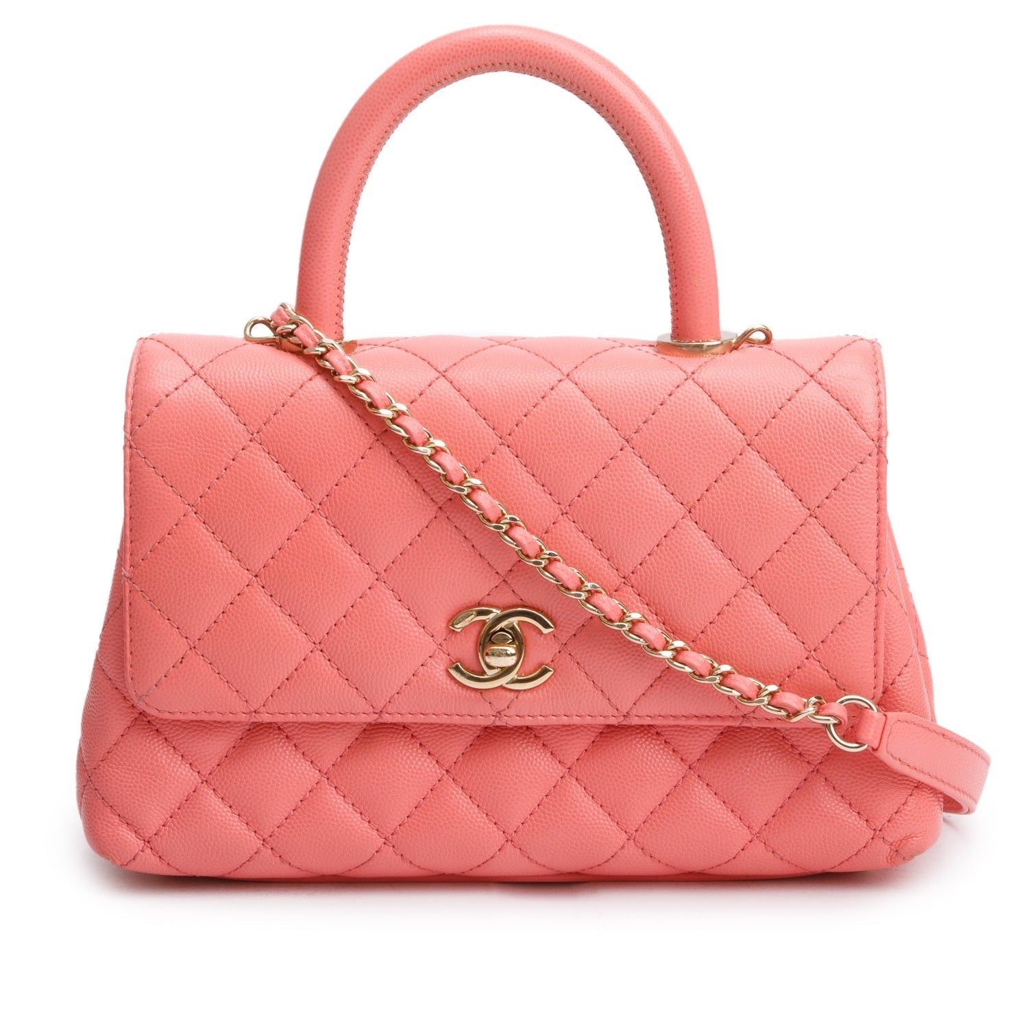 Chanel Quilted Caviar Coco Handle Leather Pink Travel Bag W Strap
