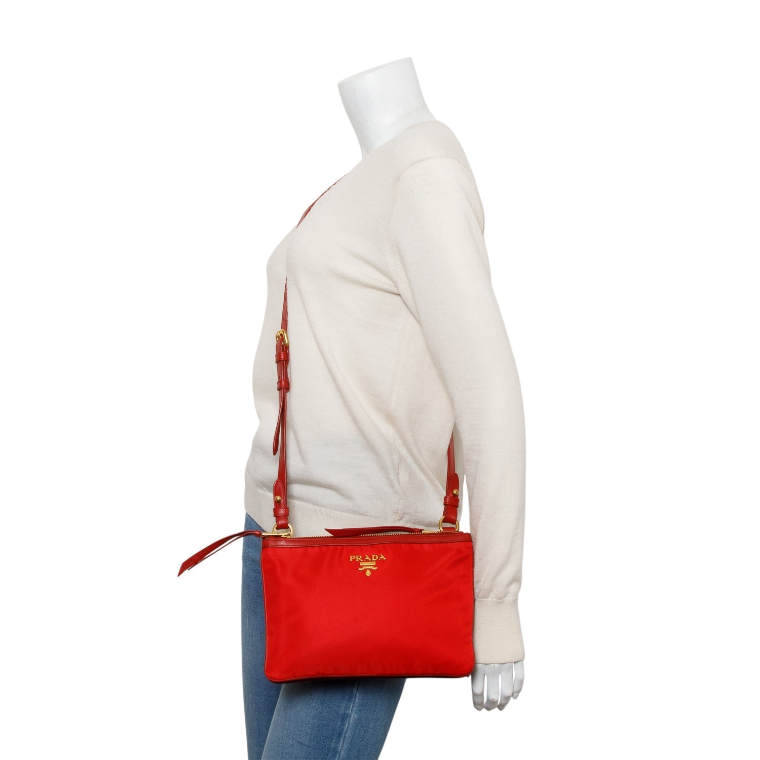 Prada Soft Calf Tessuto Small Double Zip Crossbody Leather Nylon Crossbody Bag