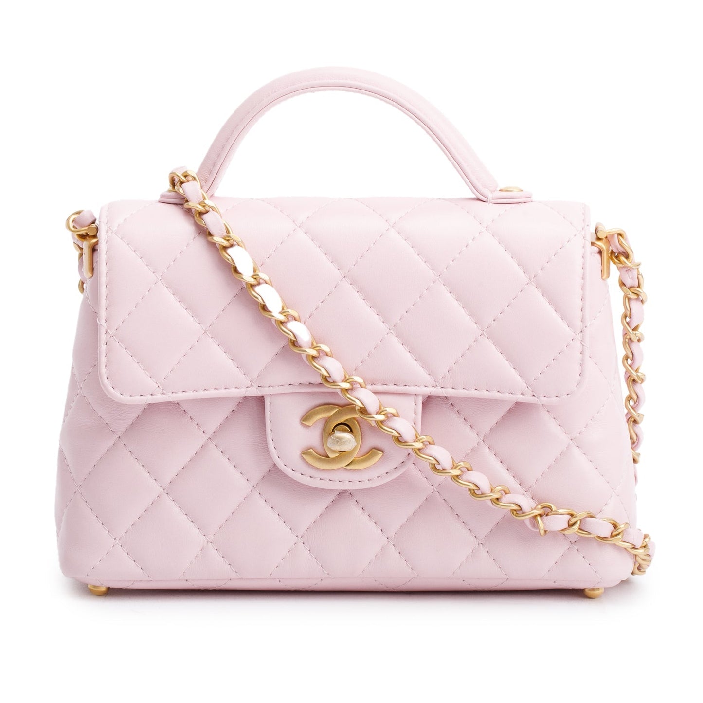 Chanel Quilted Top Handle Flap Leather Lambskin Pink Travel Bag