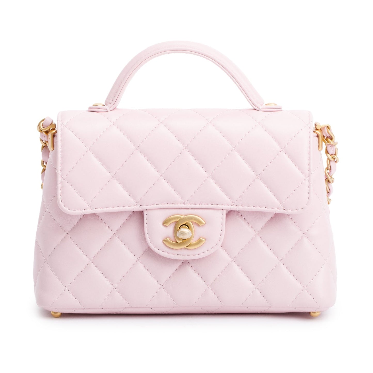 Chanel Quilted Top Handle Flap Leather Lambskin Pink Travel Bag