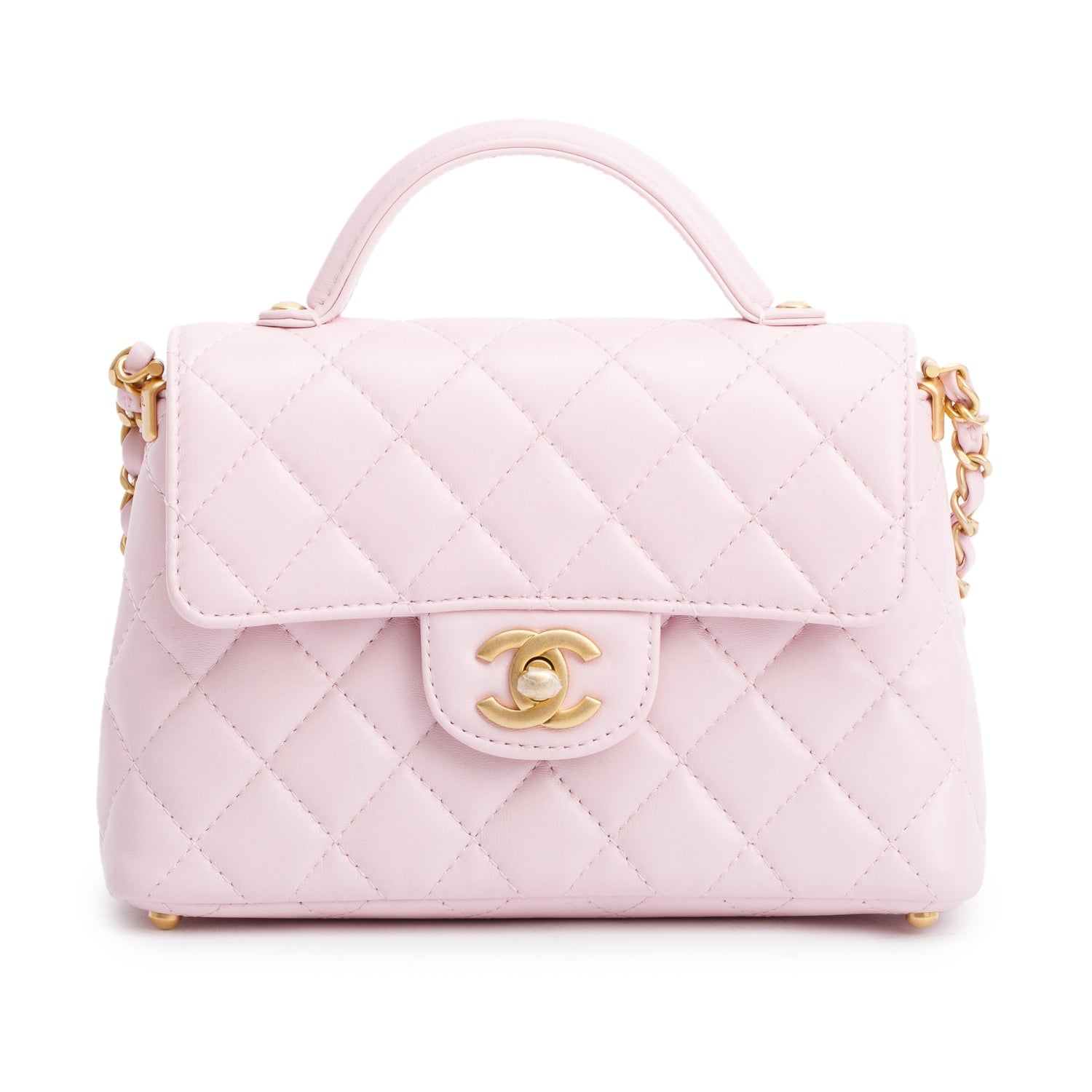 Chanel Quilted Top Handle Flap Leather Lambskin Pink Travel Bag