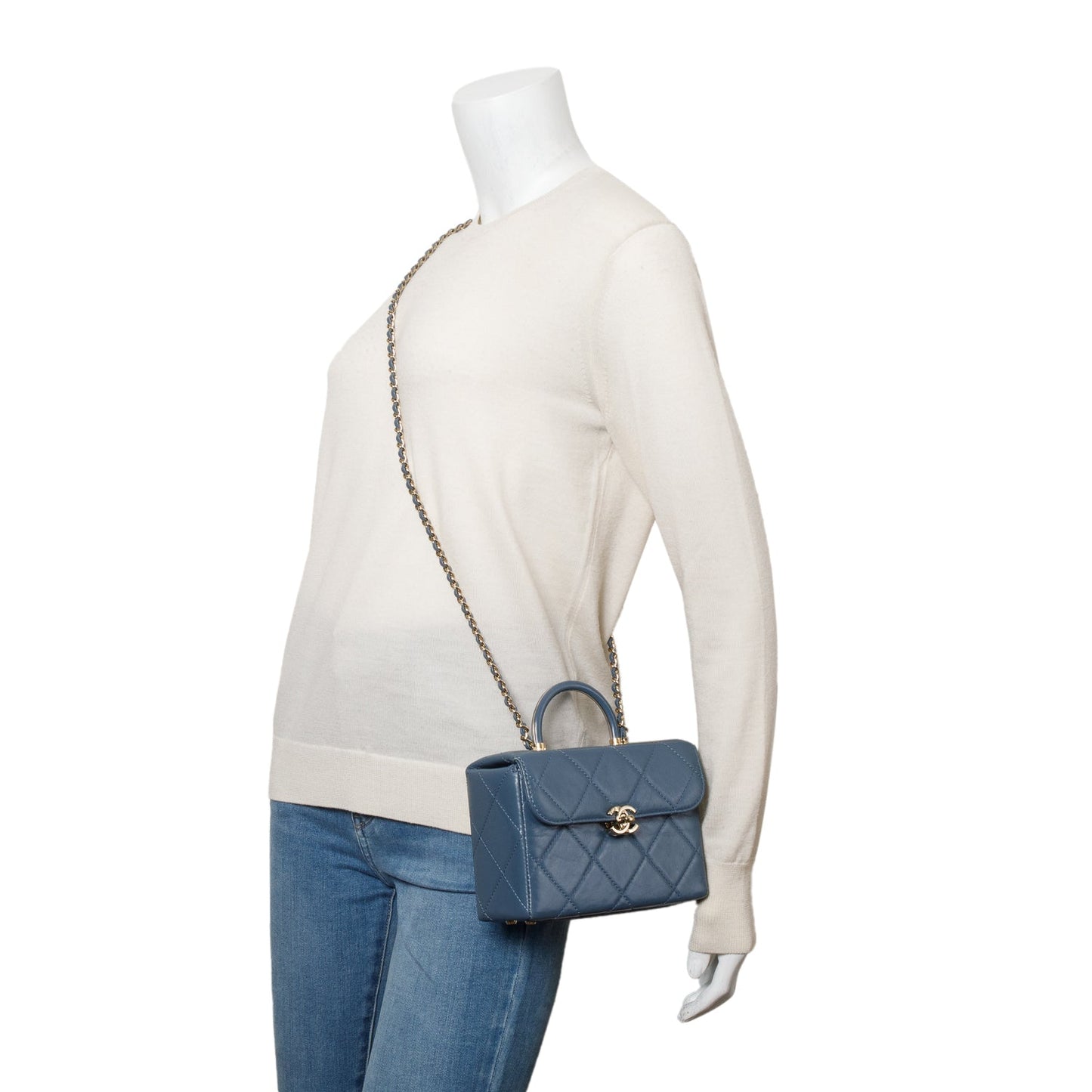 Chanel Quilted Vanity Top Handle Leather Lambskin Blue Travel Bag