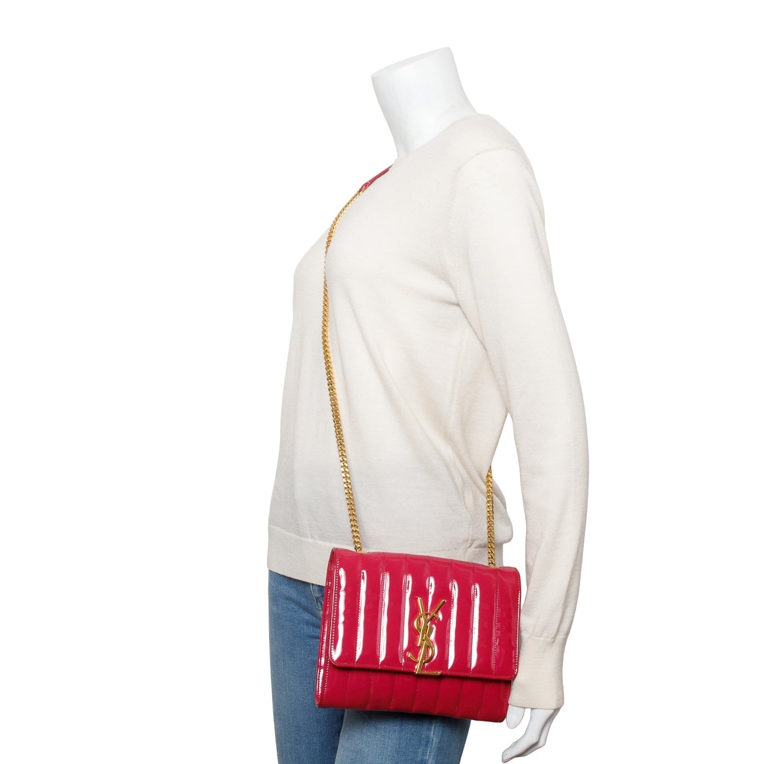 YSL Saint Laurent Patent Vicky Wallet On Crossbody Bag Leather Pink