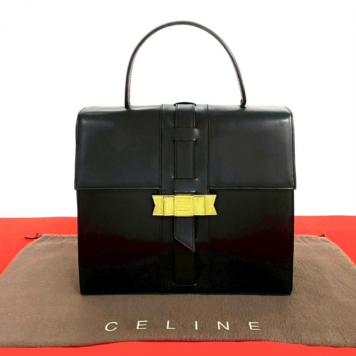 Ribbon Metal Women Leather Black Travel Bag