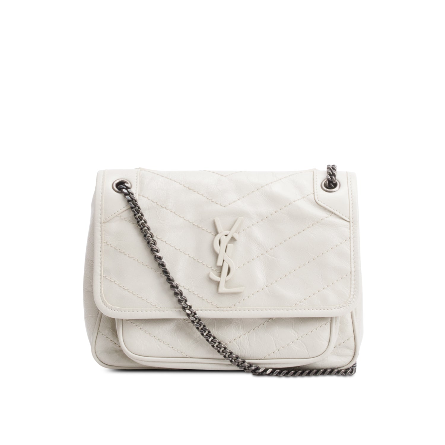 YSL Saint Laurent Ivory Crinkled Calfskin Baby Niki Satchel Leather Matelasse Travel Bag