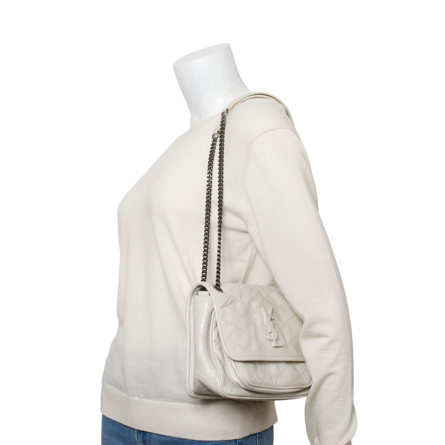 YSL Saint Laurent Ivory Crinkled Calfskin Baby Niki Satchel Leather Matelasse Travel Bag