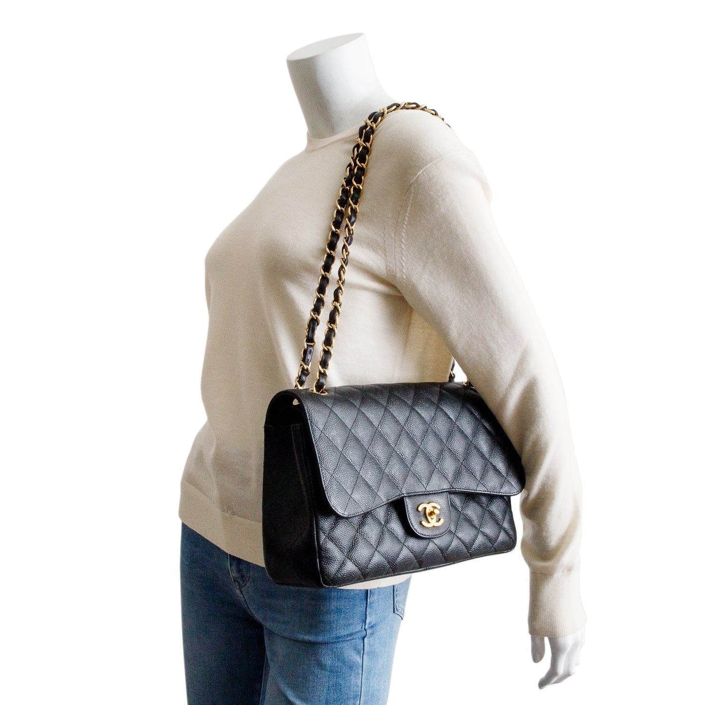 Chanel Quilted Caviar Classic Jumbo Double Leather Black Travel Bag 12