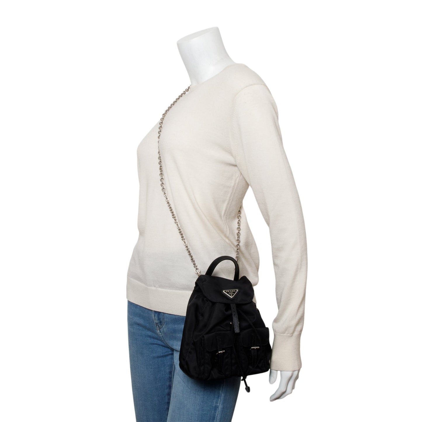 Prada Tessuto & Saffiano Mini Double Pocket Chain Leather Nylon Shoulder Bag