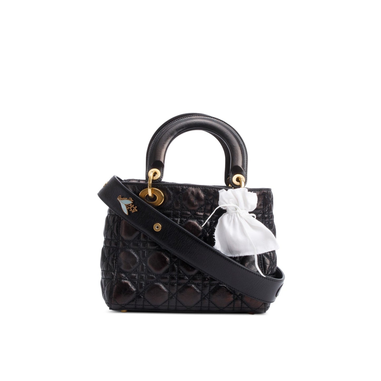 Dior Christian Cannage Crinkled Patent Lucky Badges Lady Leather Black Travel Bag