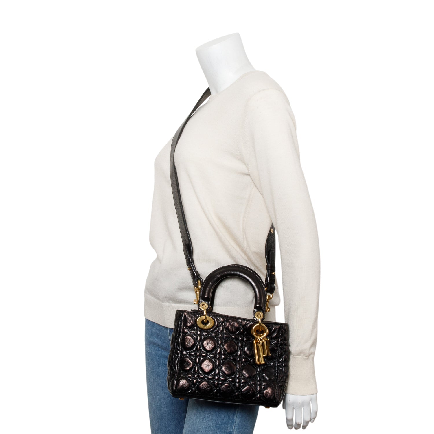 Dior Christian Cannage Crinkled Patent Lucky Badges Lady Leather Black Travel Bag