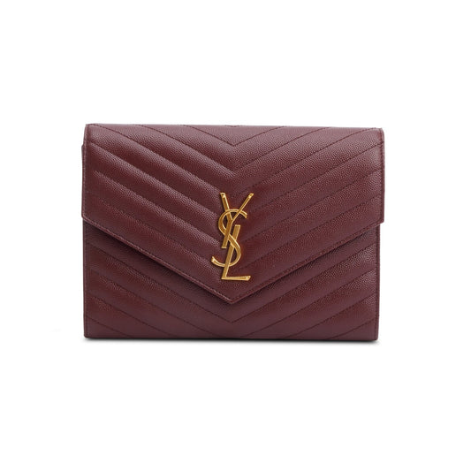 YSL Saint Laurent Burgundy Grain De Poudre Cassandre Wristlet Pouch Leather Matelasse Travel Bag