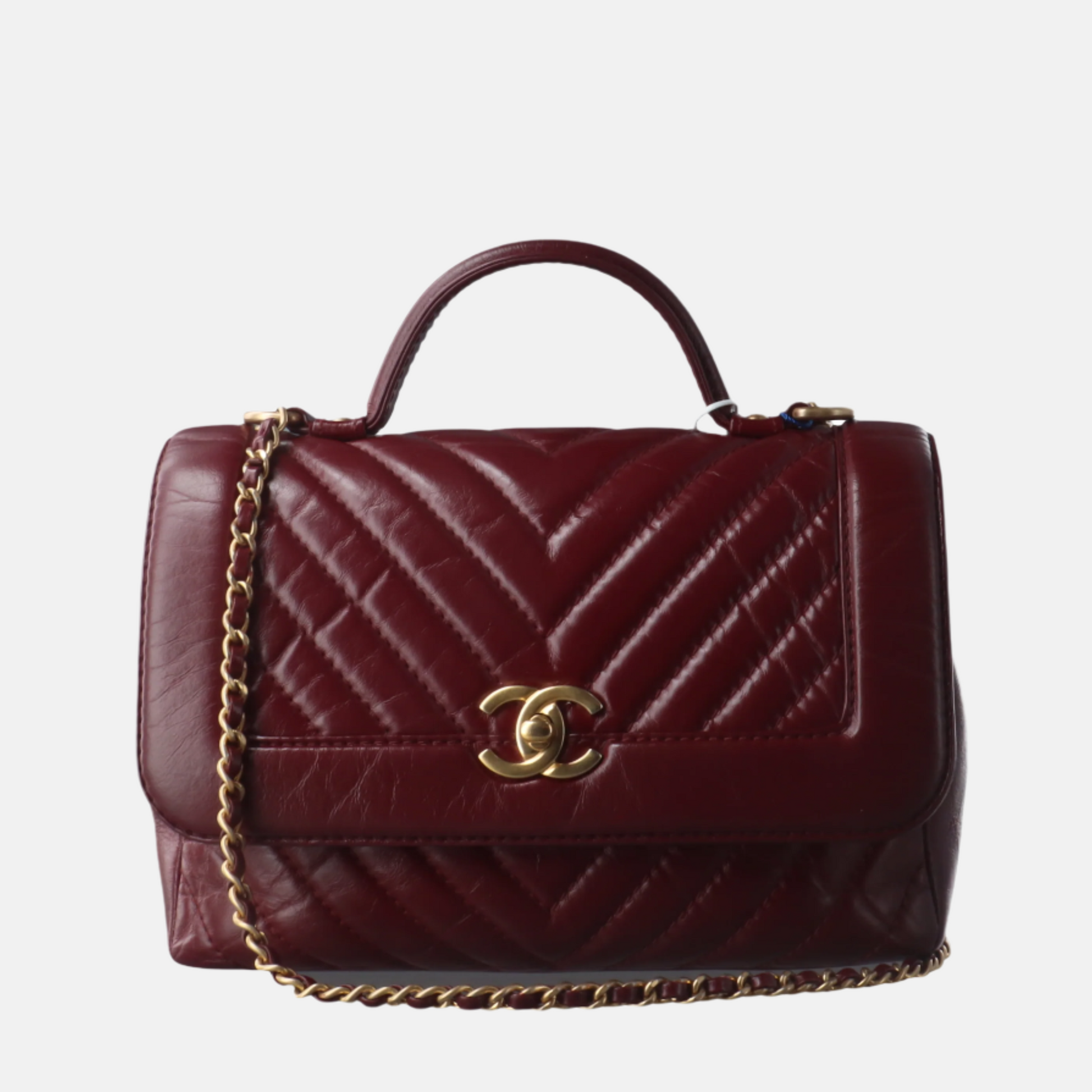 Chanel Top Handle Chevron Flap Burgundy Calfskin Leather Shoulder Bag