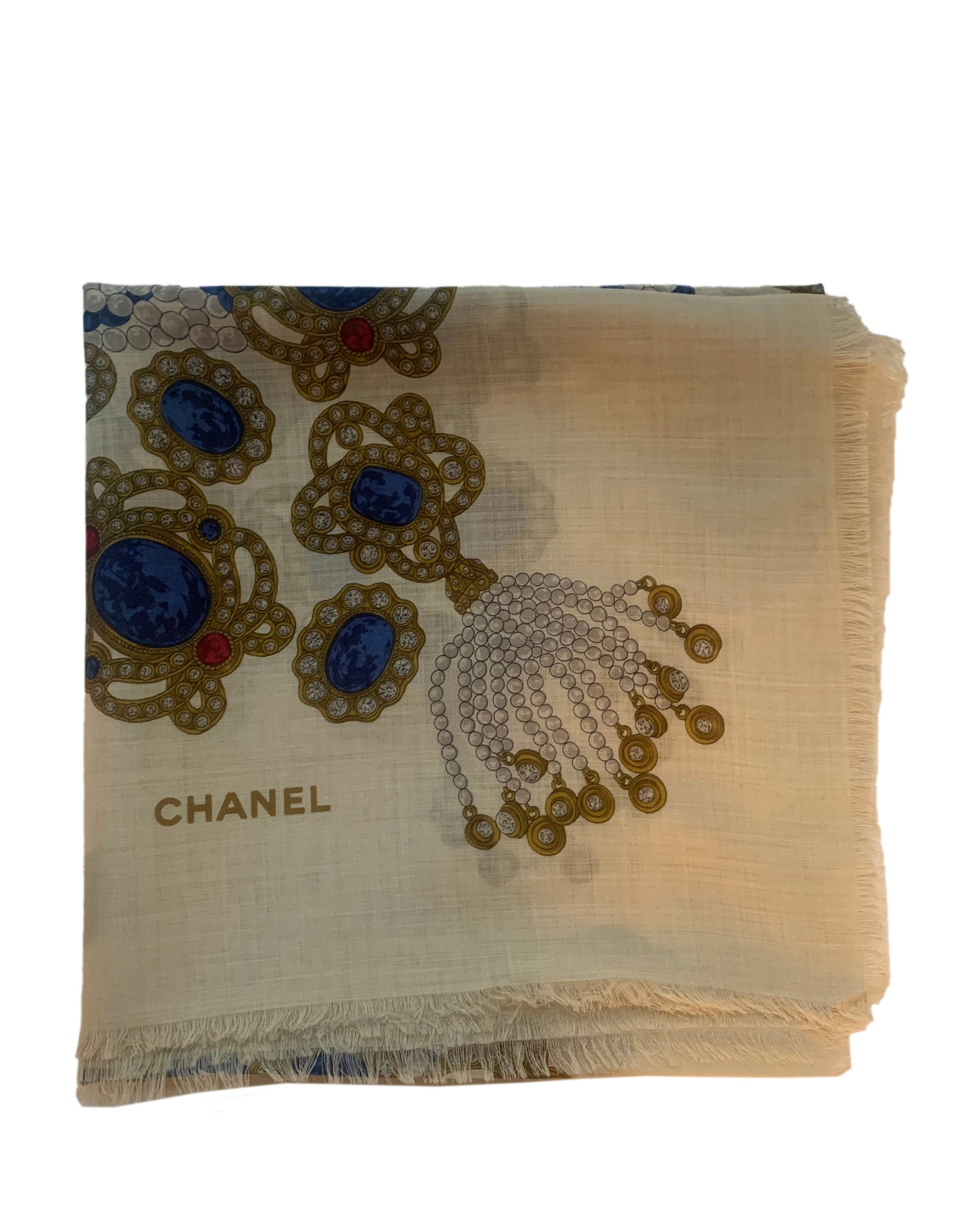 Chanel Cream Wool & Silk Jewel Print Xl Scarf/shawl Jewelry