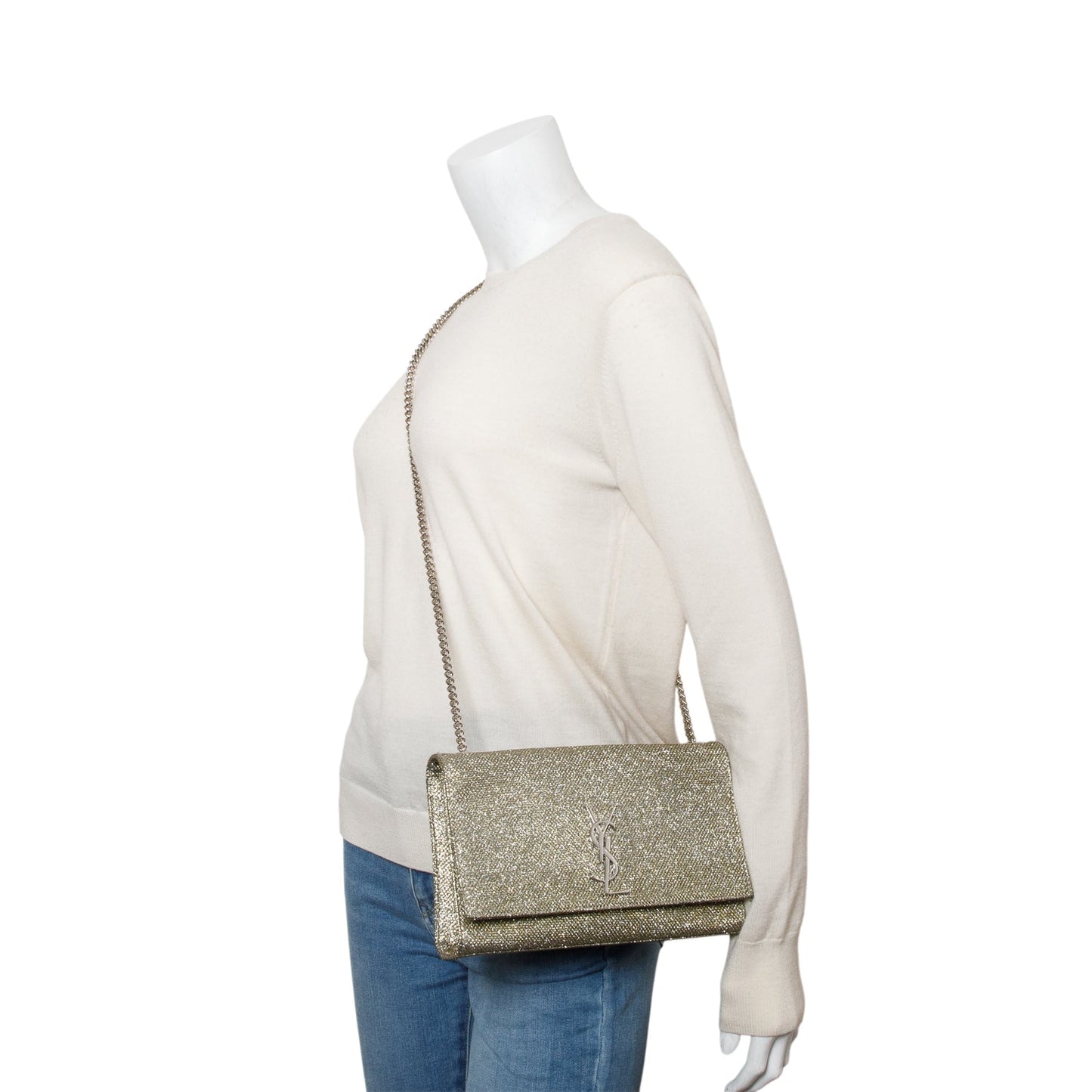 YSL Saint Laurent Metallic Grey Glitter Kate Bag Canvas Medium Travel Bag