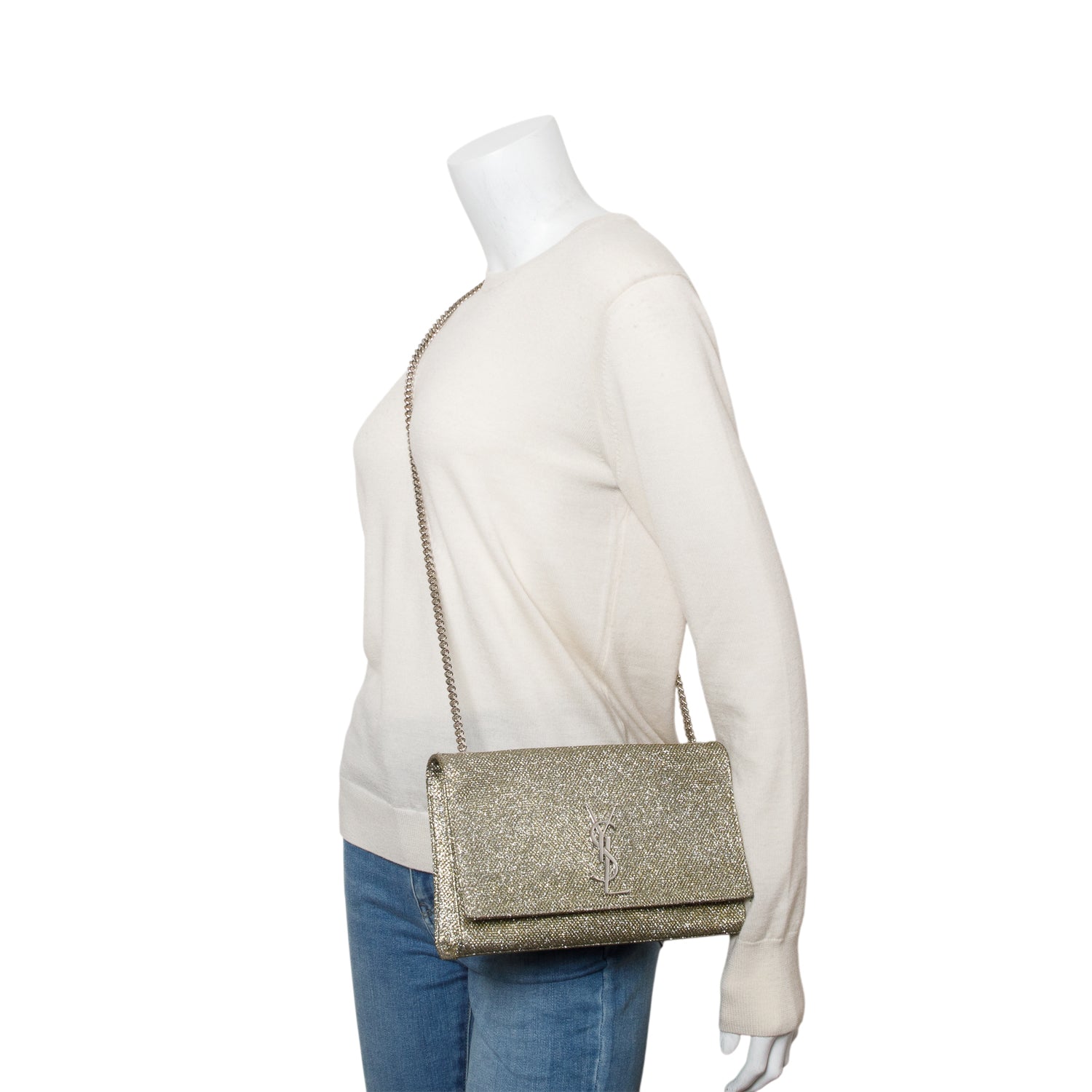 YSL Saint Laurent Metallic Grey Glitter Kate Bag Canvas Medium Travel Bag