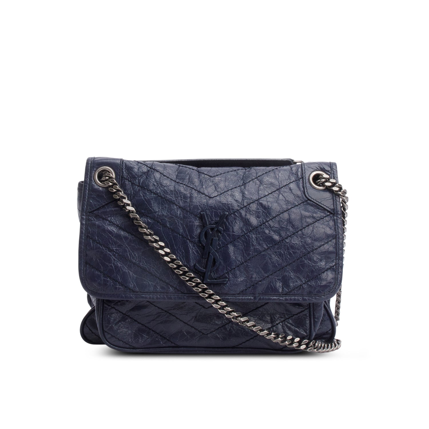YSL Saint Laurent Crinkled Calfskin Niki Shoulder Bag Leather Blue