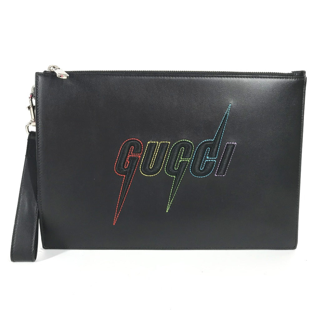 Gucci pouch Braid embroidery unisex Leather Black Logo Clutch Bag
