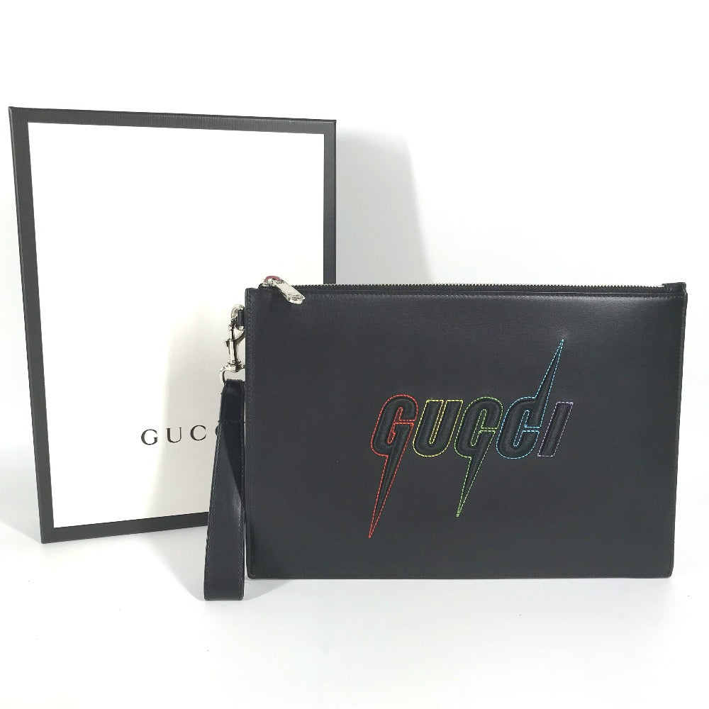 Gucci pouch Braid embroidery unisex Leather Black Logo Clutch Bag