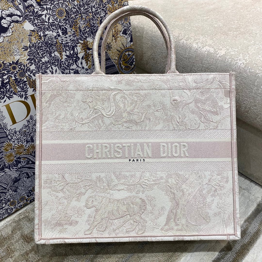 Book Toile De Jouy Embroidery Pink Large Book Tote Bag