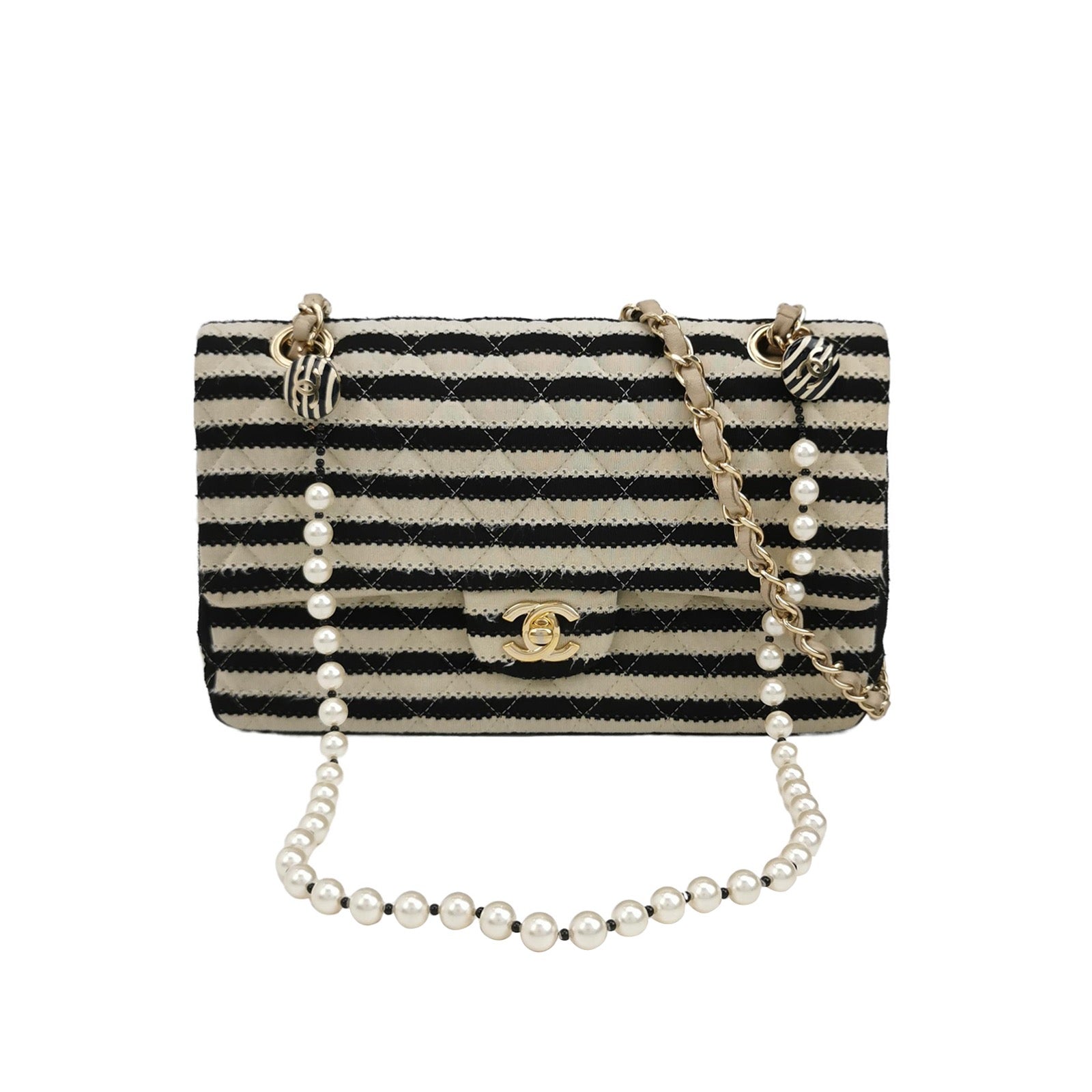 Chanel Striped Jersey Coco Sailor Pearl Classic Black White Shoulder Bag