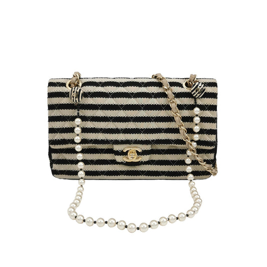 Chanel Striped Jersey Coco Sailor Pearl Classic Black White Shoulder Bag