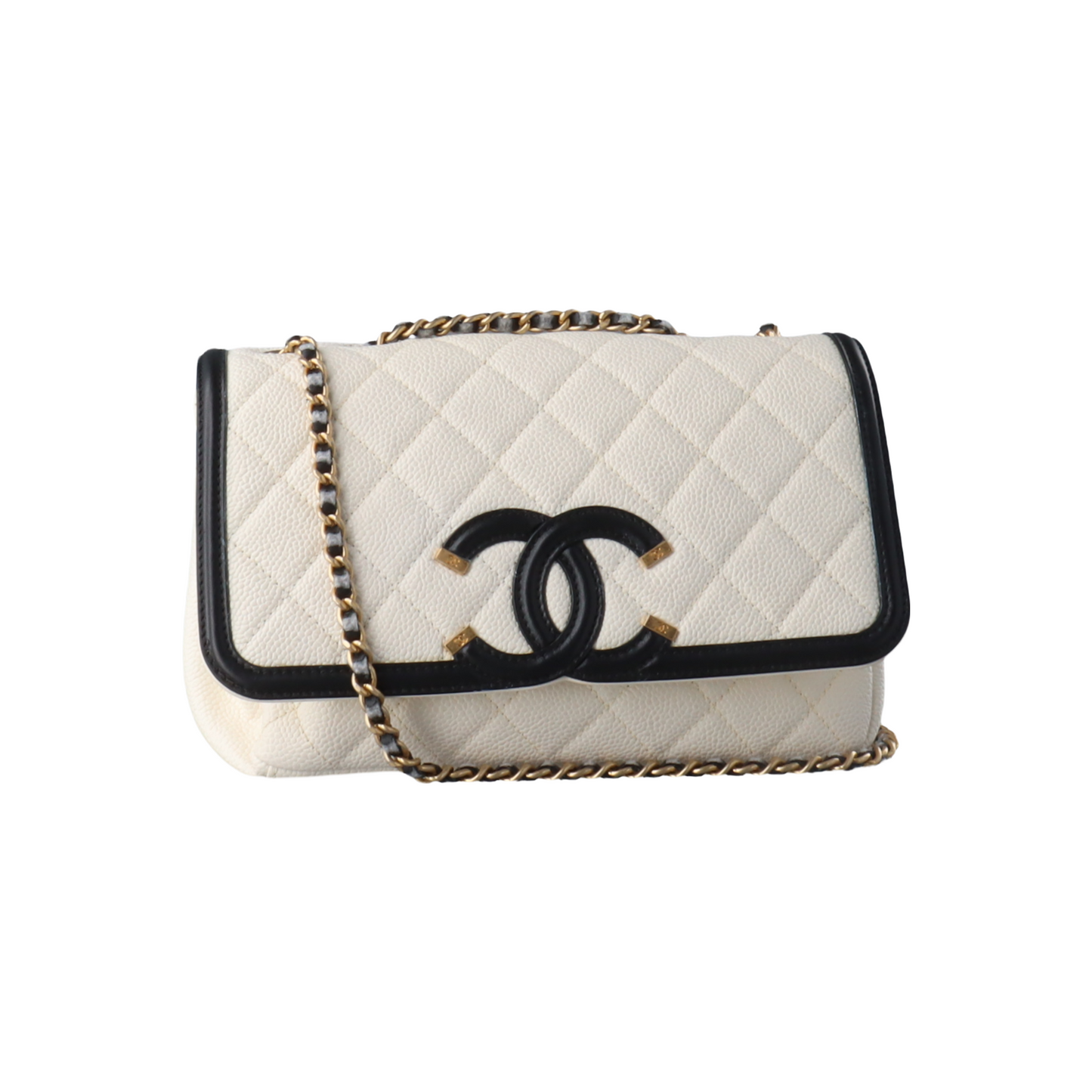 Chanel Filigree Flap Caviar Trim Black White Small Leather Shoulder Bag