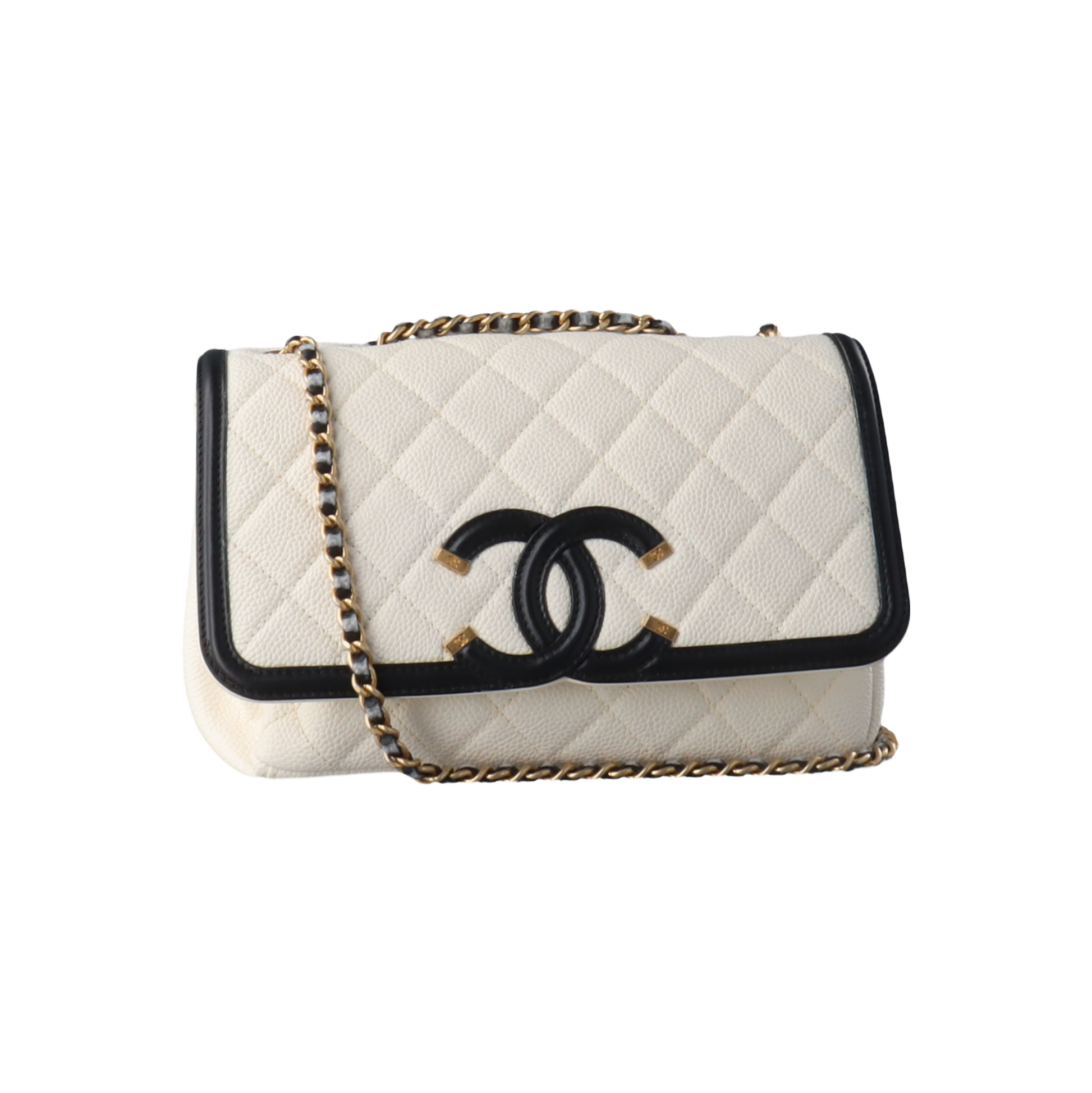 Chanel Filigree Flap Caviar Trim Black White Small Leather Shoulder Bag
