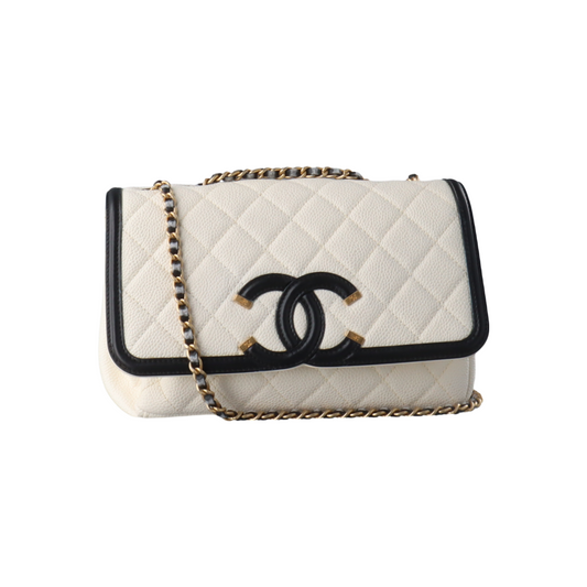 Chanel Filigree Flap Caviar Trim Black White Small Leather Shoulder Bag