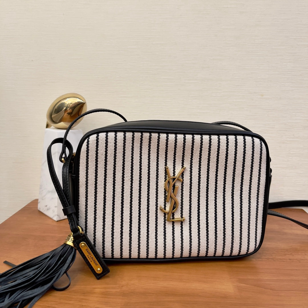 YSL Saint Laurent Lou Camera 9in 23cm Canvas Black White Crossbody Bag