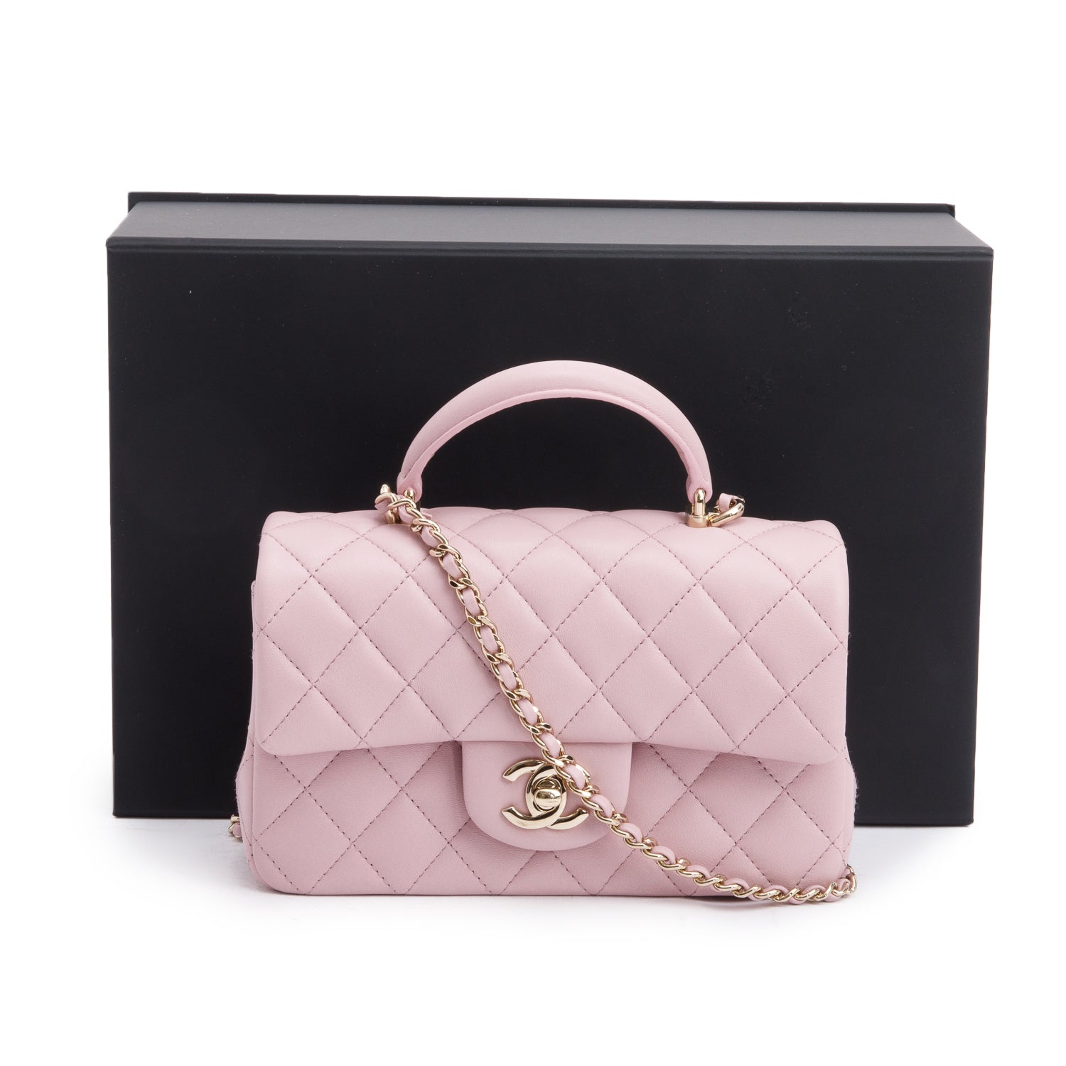 Chanel Quilted Top Handle Rectangular Flap Leather Lambskin Pink Travel Bag
