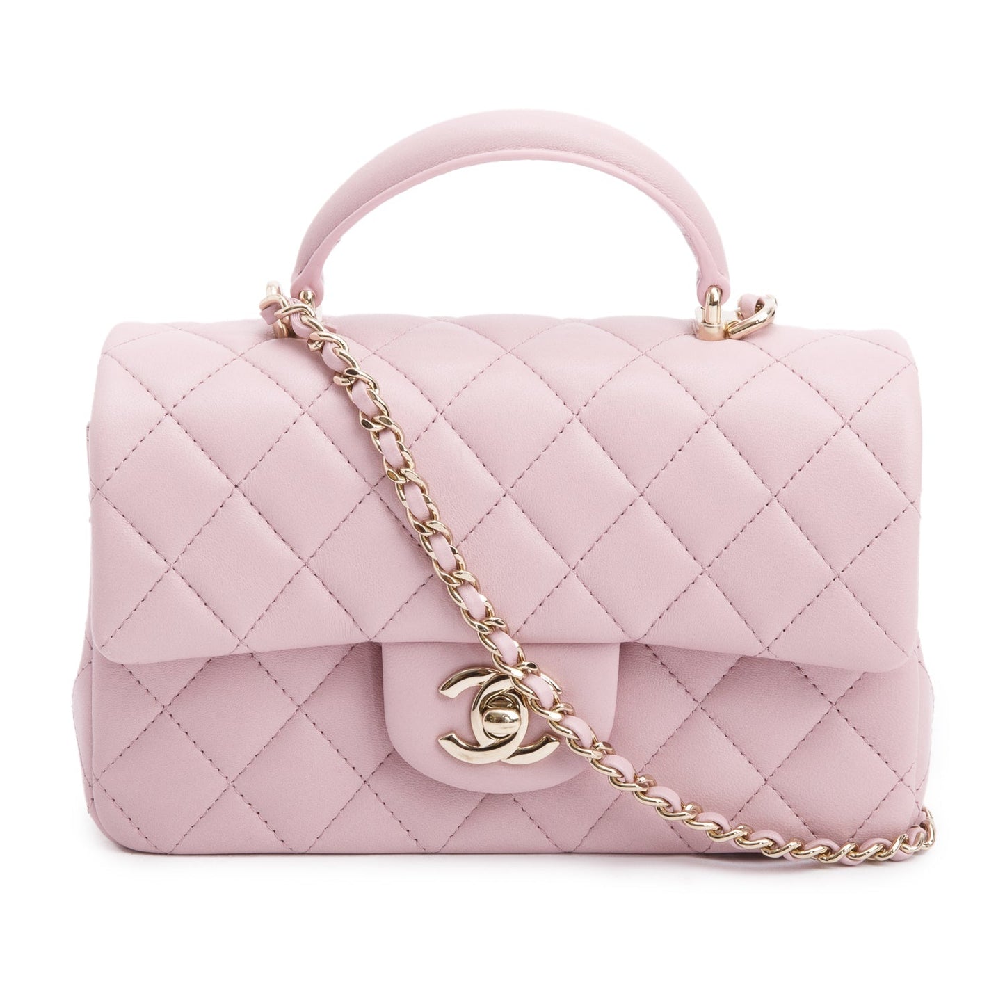 Chanel Quilted Top Handle Rectangular Flap Leather Lambskin Pink Travel Bag