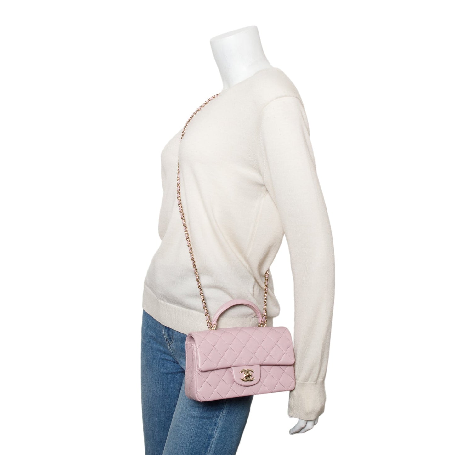 Chanel Quilted Top Handle Rectangular Flap Leather Lambskin Pink Travel Bag