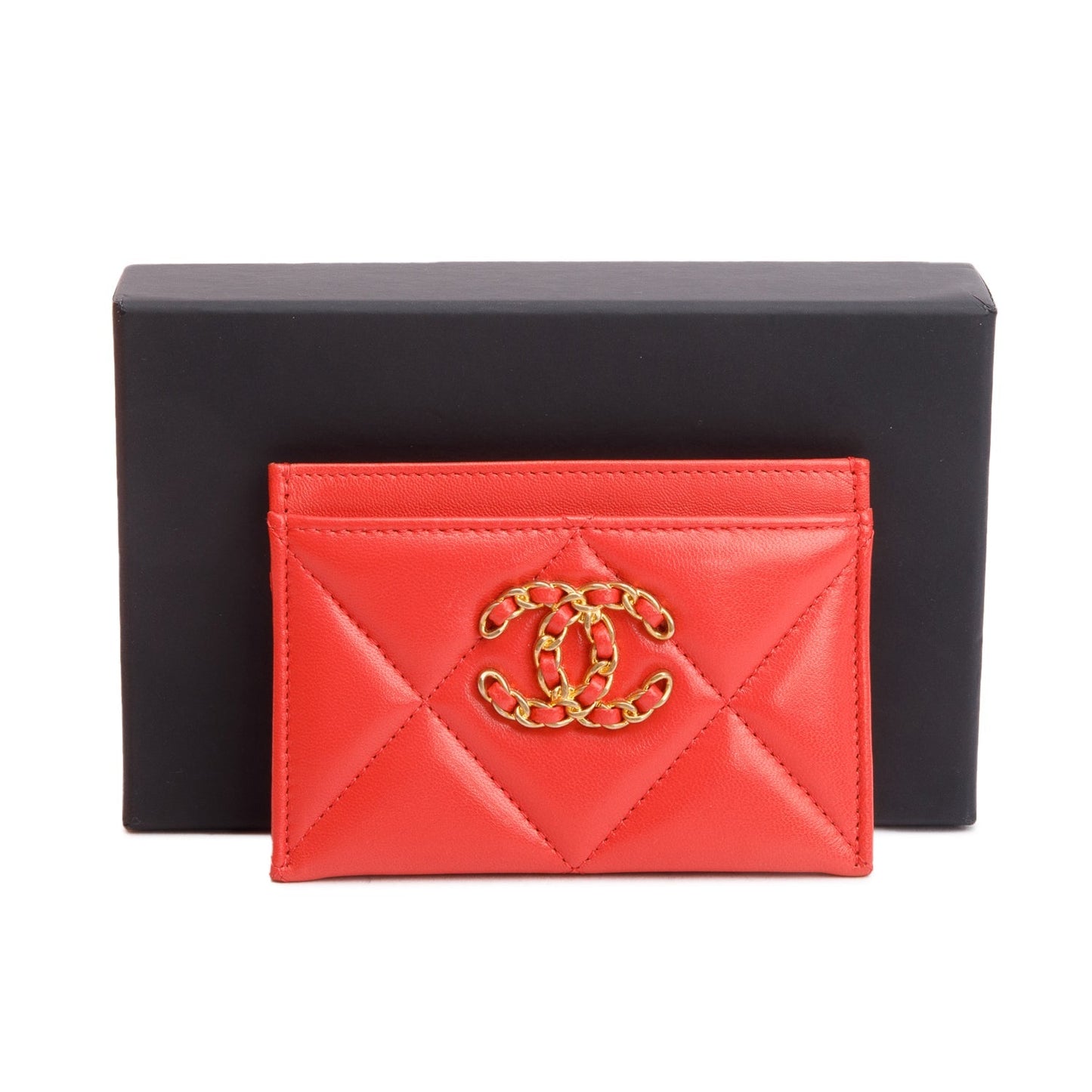 Chanel Coral Quilted 19 Card Holder Leather Lambskin Wallet Case