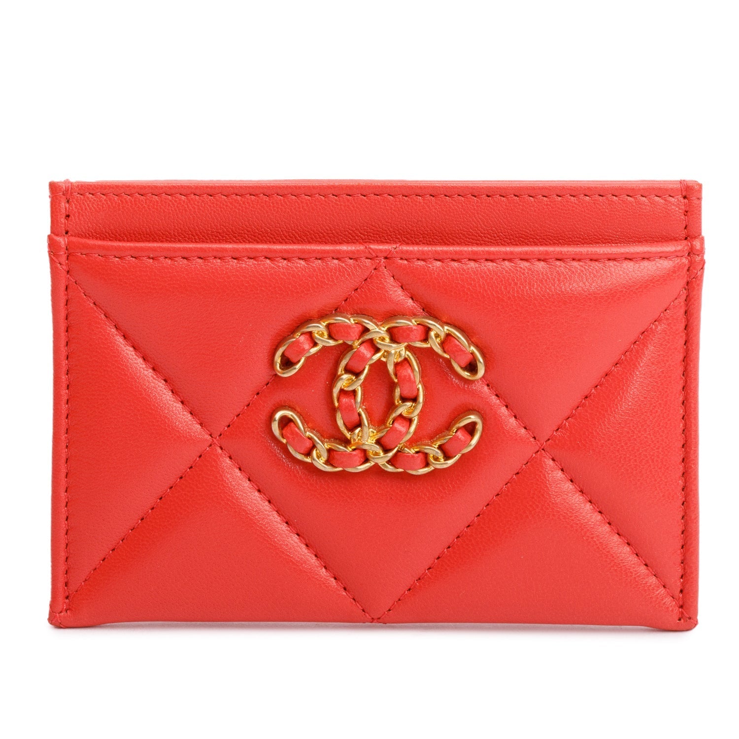 Chanel Coral Quilted 19 Card Holder Leather Lambskin Wallet Case