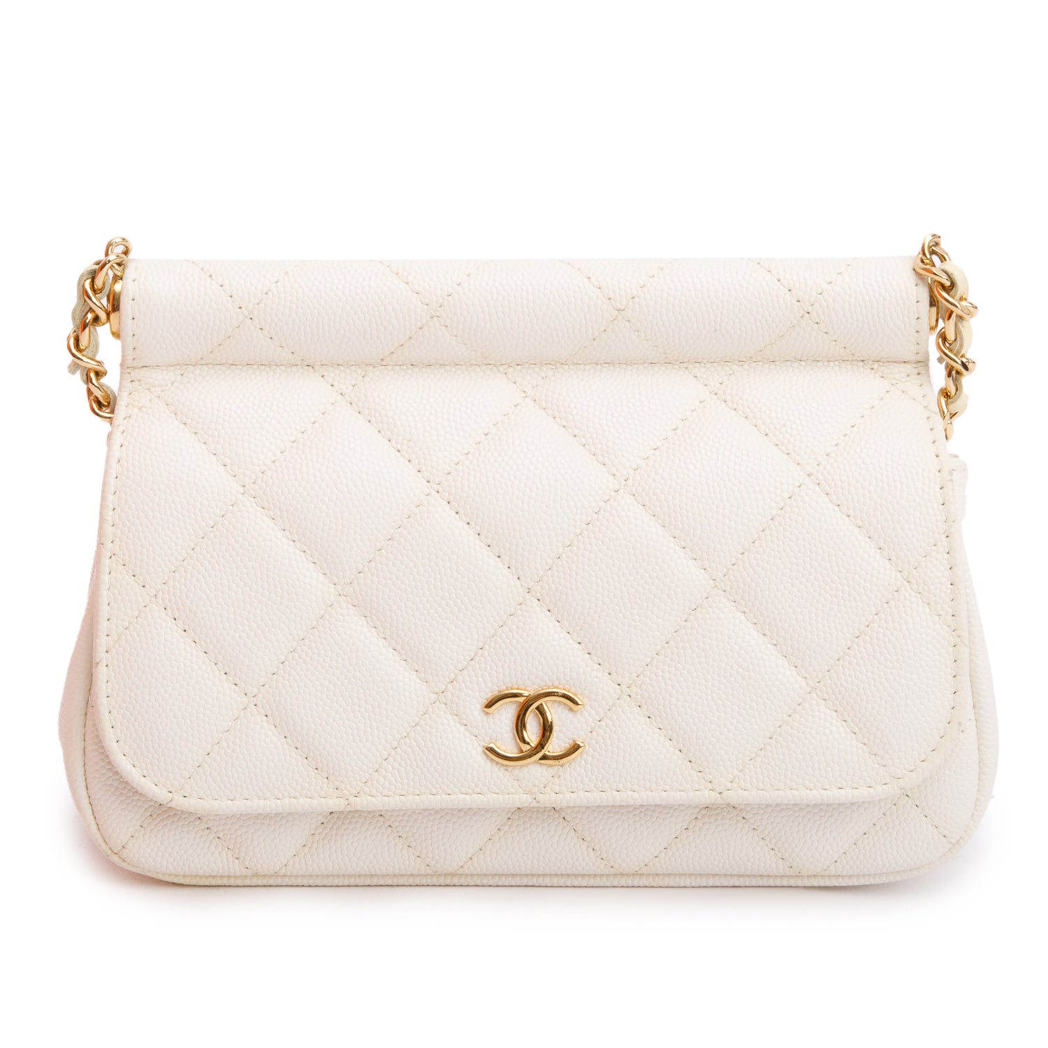 Chanel Quilted Caviar CC Frame Flap Leather White Travel Bag