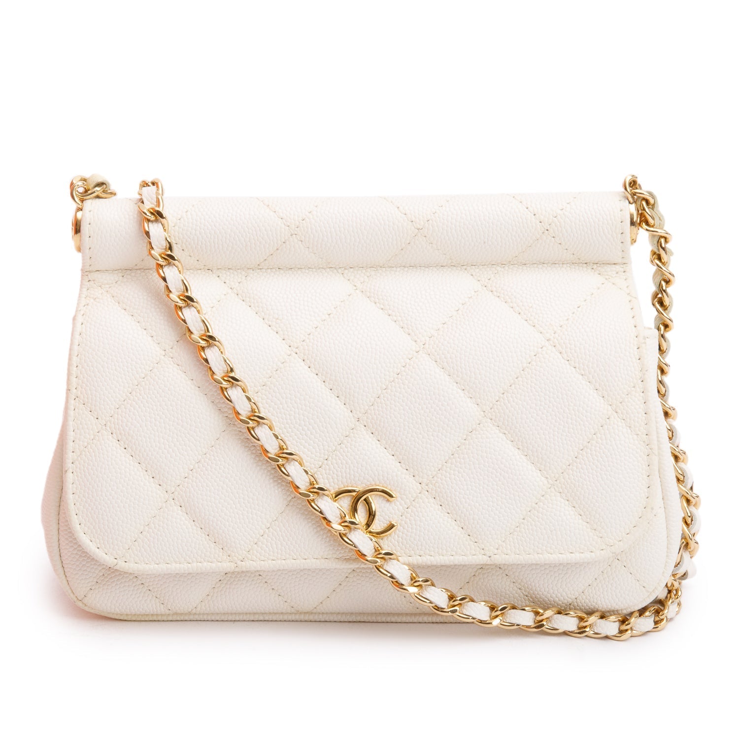 Chanel Quilted Caviar CC Frame Flap Leather White Travel Bag