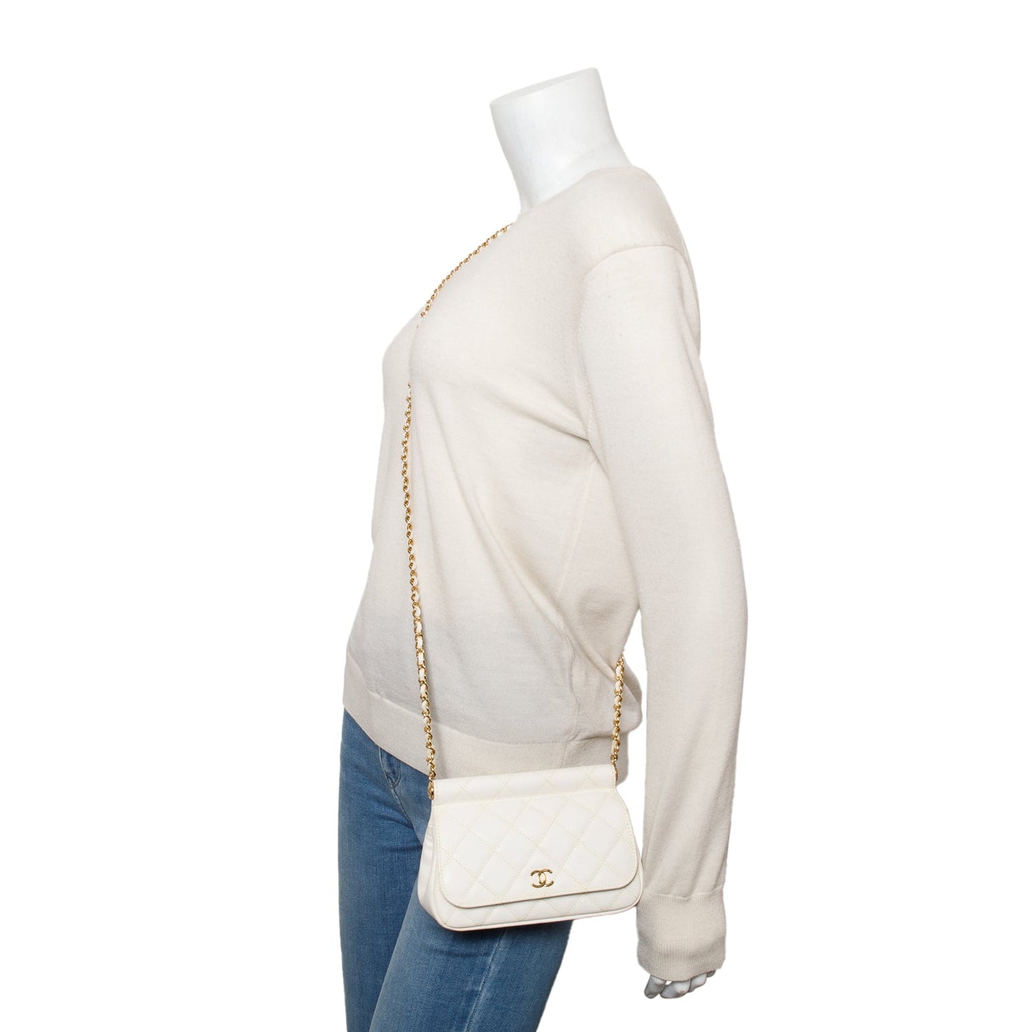 Chanel Quilted Caviar CC Frame Flap Leather White Travel Bag